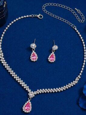 Silver Necklace and Earring Set with Pink Teardrop Crystal